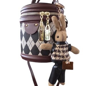 #65 Brown Argyle Crossbody Bag with Plush Charm